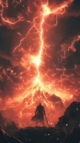 Stormcrowned warrior facing a volcanic sky of living fire.