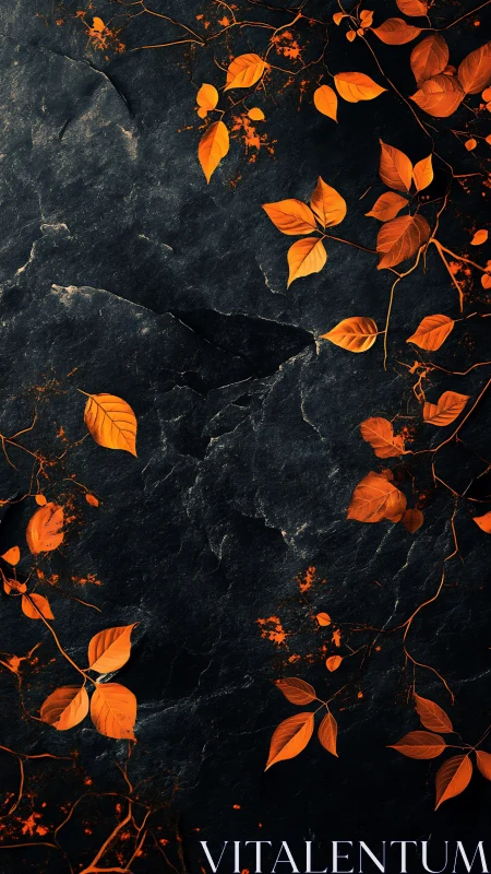 Golden autumn leaves glow gently against deep stone texture