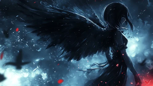 Midnight fallen angel ignites storm of crows and embers.