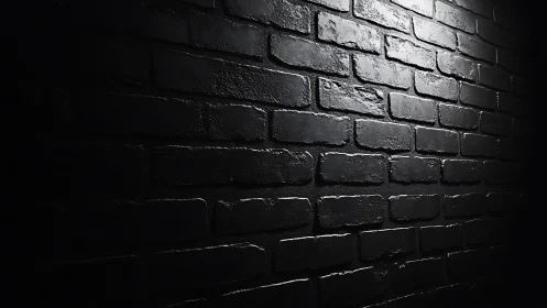 Side-lit black brick wall in dramatic low-key lighting.