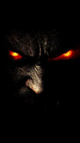 Close-up digital face with illuminated red eyes in darkness