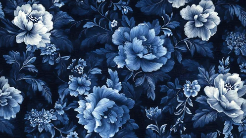 Blue and White Floral Chinoiserie Pattern on Deep Navy Ground