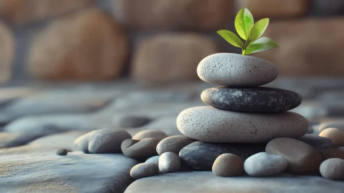 Zen stone stack with fresh green sprout on smooth pebbles.