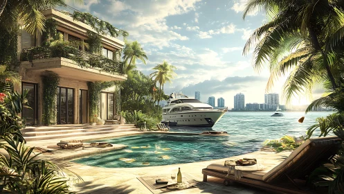 Luxury waterfront villa with pool and moored yacht at sunset