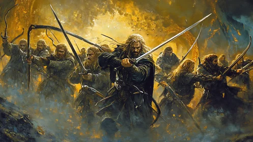 Medieval warriors advance with swords and bows in battle.