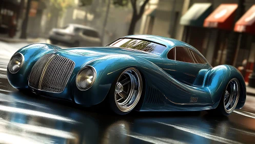 Streamlined teal retro-futurist coupe on glossy city street.