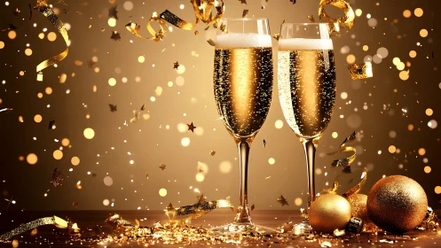 Sparkling champagne flutes rise amid golden festive confetti