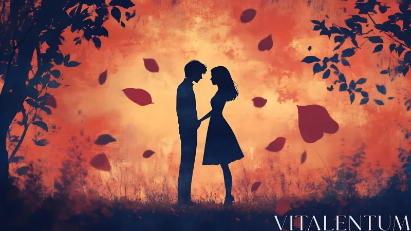 Silhouetted Couple in Autumn. Golden Hour Romance.