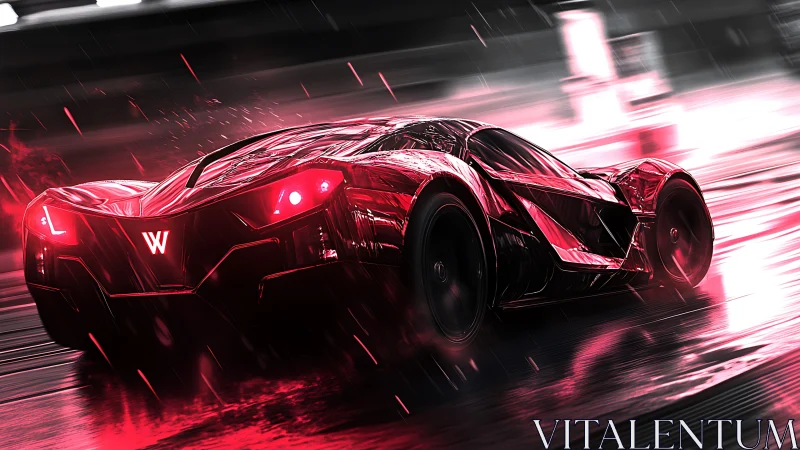 Aerodynamic crimson hypercar under dynamic rain motion blur.