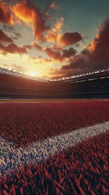 Low-angle stadium turf under dramatic sunset sky depth rendering