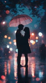 Two souls share a magical moment under a luminous umbrella