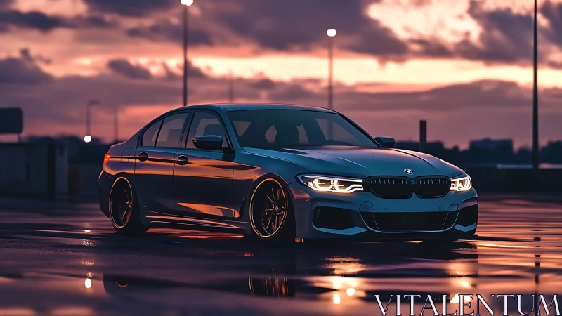 Sport sedan reflects sunset light on wet rooftop parking deck