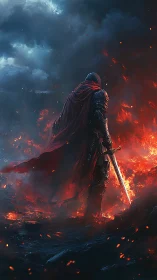 Digital painting of lone crimson-caped knight in infernal field.