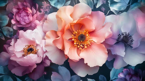 Blooming Garden of Pink and Coral Flowers Radiant with Light.