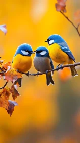 Songbirds perch on autumn branch in golden bokeh glow.