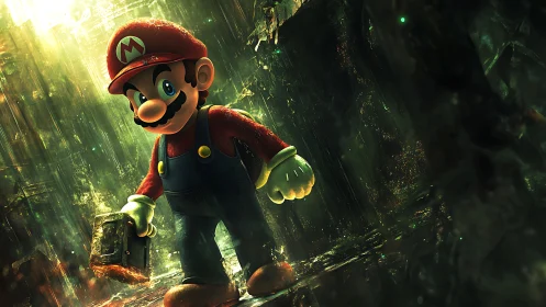 Brave plumber strides through a glowing, rain soaked jungle