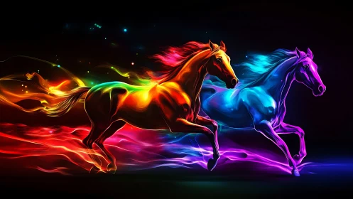Spectral equine motion rendered as neon fluid dynamics.