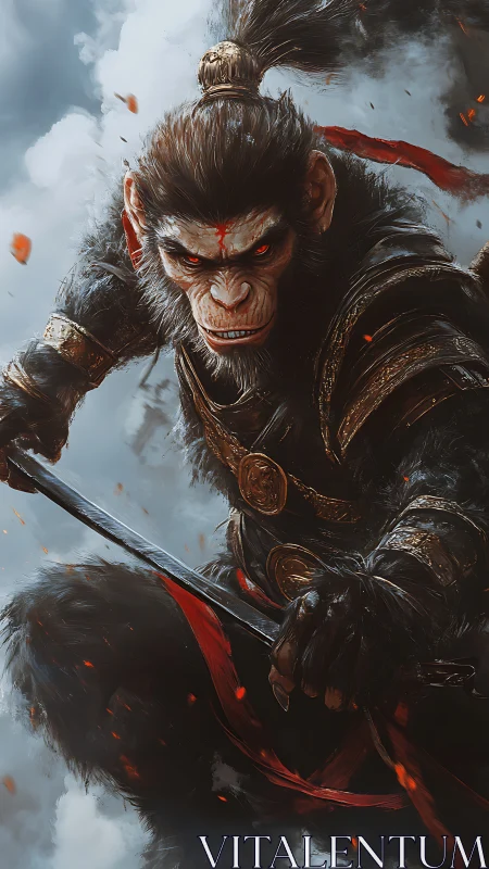 Armored simian warrior grips staff weapon in dynamic pose