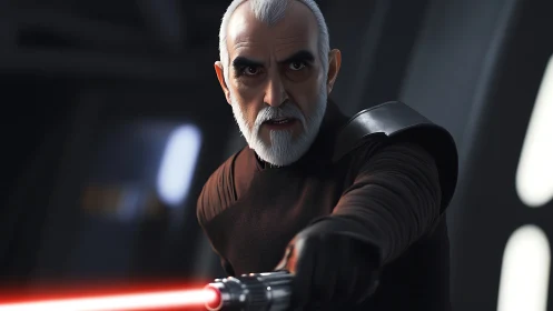 3D Sith warrior with red energy sword in dark corridor.