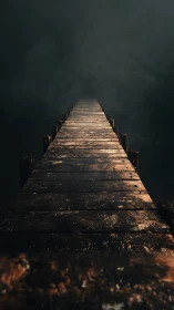 Weathered wooden pier vanishes into dense atmospheric fog.