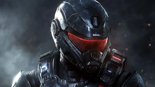 Armored sci fi soldier in black exosuit faces viewer
