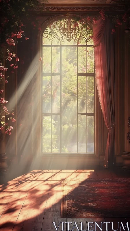 Sunlit arched window casts botanical shadows across parquet