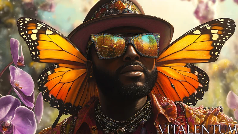 Stylized man with monarch butterfly wings in floral setting