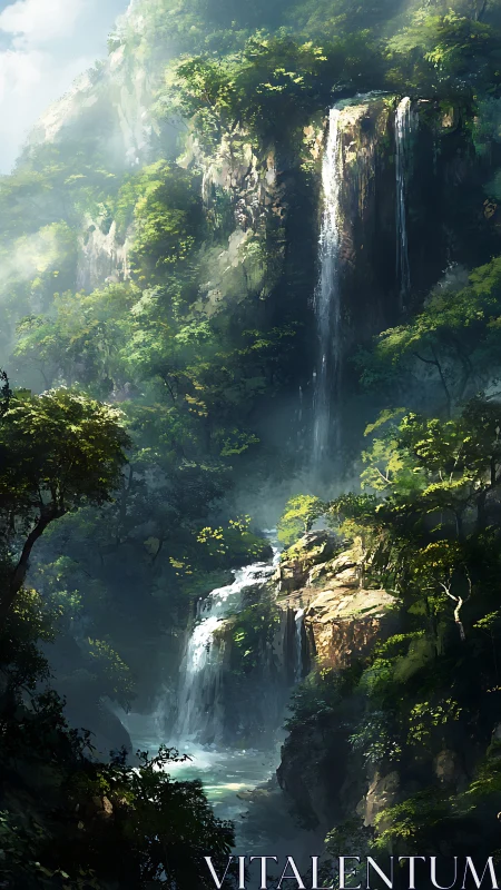 Cascading Waterfall Through Limestone Canyon: Photorealistic Landscape Study.