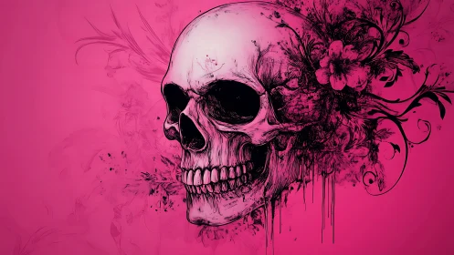 Floral skull illustration merges dark ink with neon pink glow.
