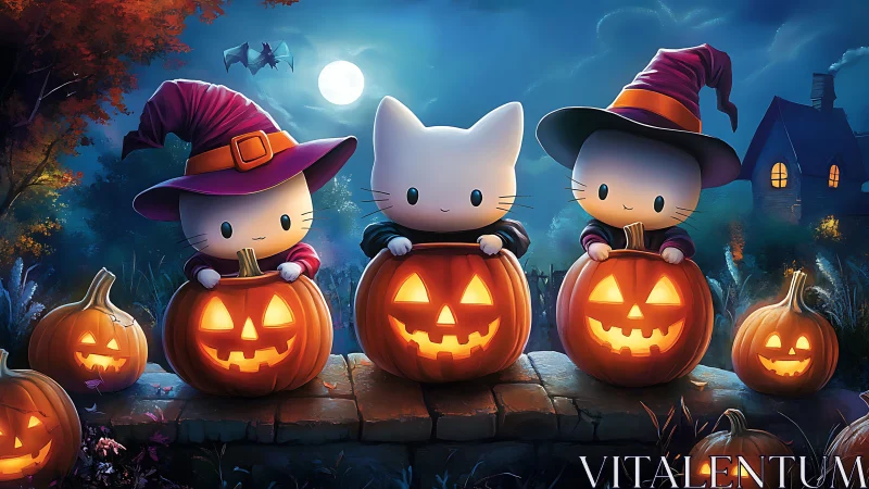 Whimsical Halloween Cats Glow in Moonlit Magic.