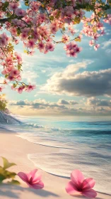 Blossoms Over Tidekissed Shoreline at Soft Dawn Glow.