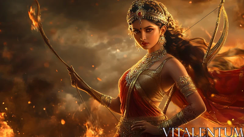 Warrior goddess stands in blazing inferno with drawn bow.