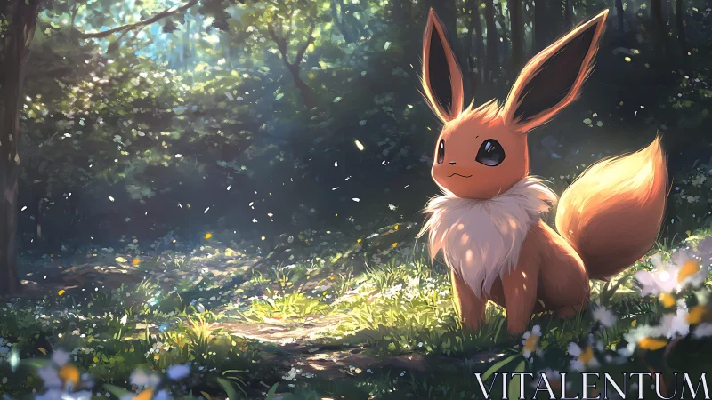 Eevee under volumetric forest light with soft atmospheric bloom.