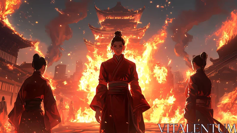 Digital painting of stoic warriors before burning pagoda structure.