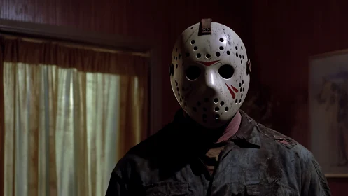 Masked horror figure stands in dimly lit wooden room