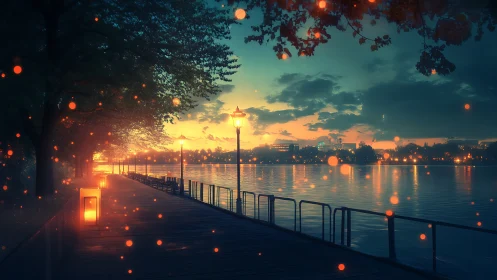 Digital painting lakeside promenade at dusk with ember lights.