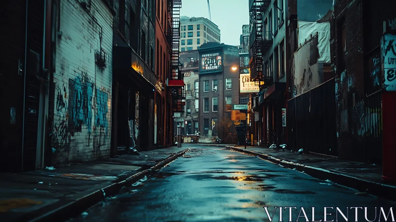 Lonely wet alleyway quietly mirrors the city’s neon heartbeat