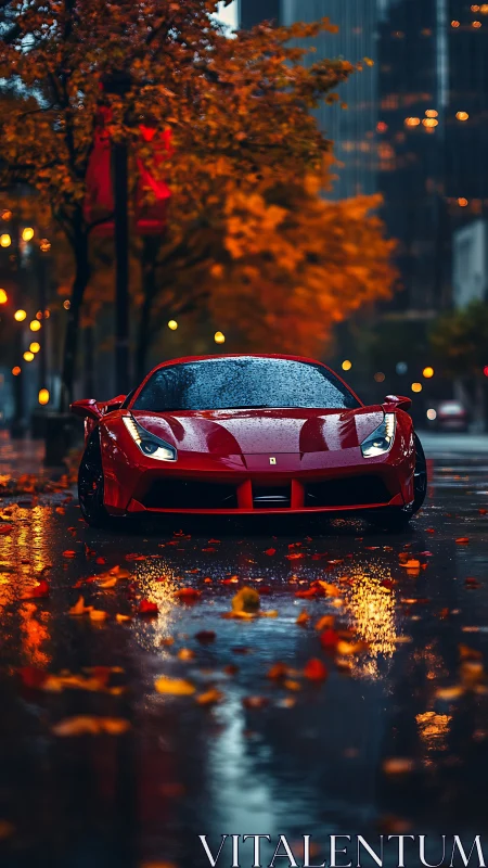 Red supercar glows on rain slick city street at dusk.