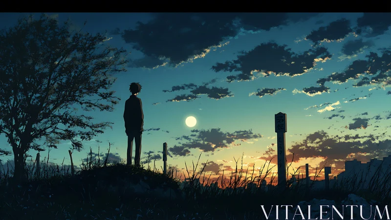 Solitary boy contemplates a glowing moon over dusk horizon