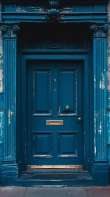 Weathered teal doorway quietly hoards stories in gold trim