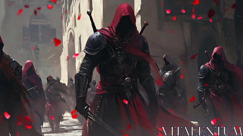 Crimson cloaked warriors stride through a shadowed stone city