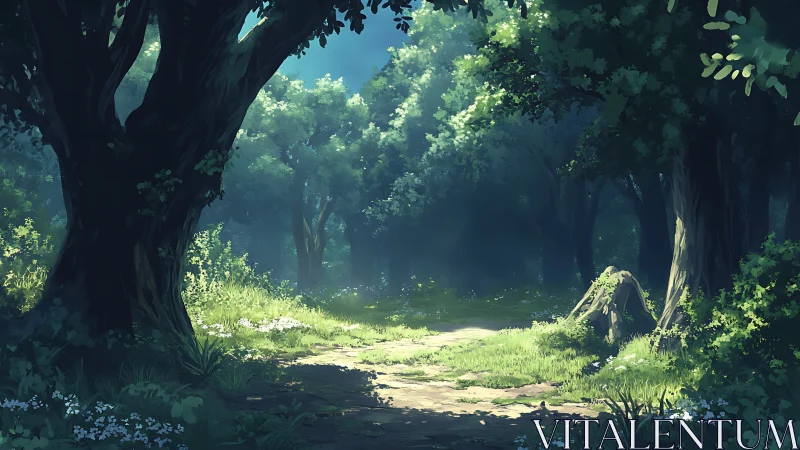 Forest pathway through ancient trees with dappled sunlight.