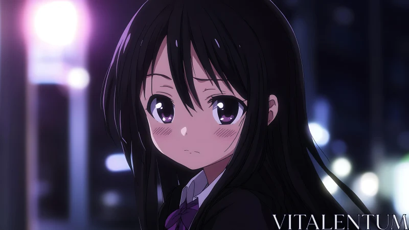 Shy anime schoolgirl at night with soft city lights.