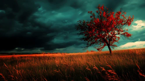 Solitary red tree in slanted field under storm clouds.