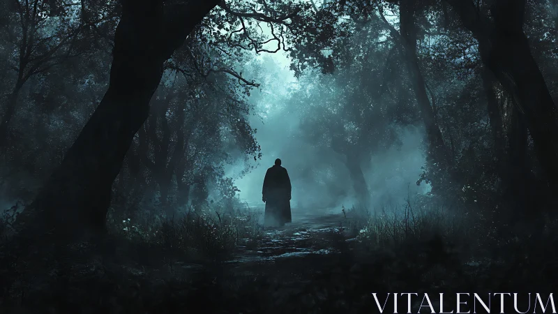 Solitary cloaked figure stands on misty forest pathway