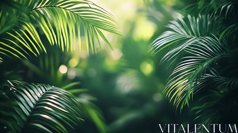 Palm fronds fill shallow-depth jungle scene with soft light