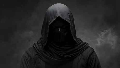 Mysterious hooded figure wrapped in dark swirling shadows.