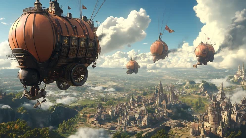 Steampunk airship flotilla above sprawling fantasy cityscape.