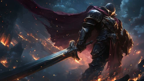 Midnight warlord strides through ember‑lit ruin, unbroken.