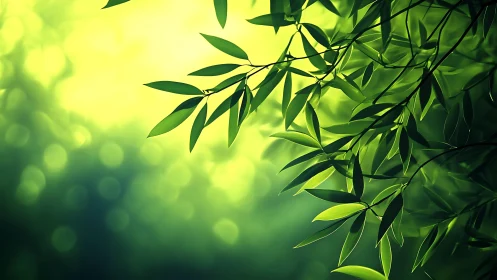 Sunlit green leaves against soft abstract bokeh background.